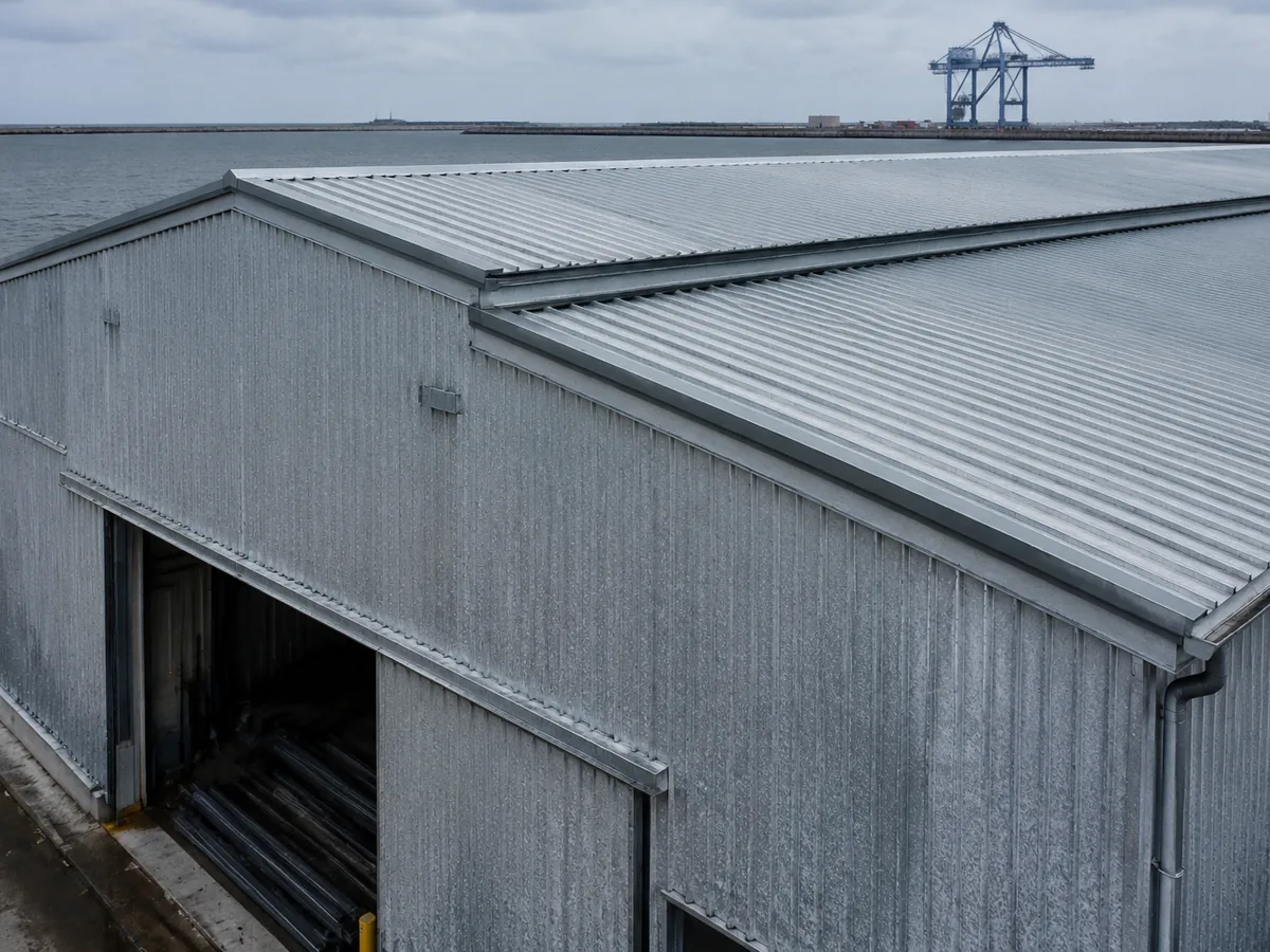 Port-side warehouse clad and roofed in unpainted galvanized steel sheet
