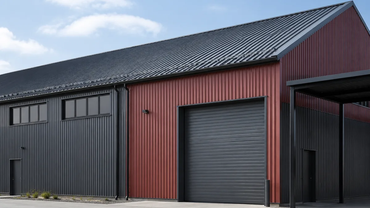 Industrial building with contrasting coated-steel roof and wall cladding